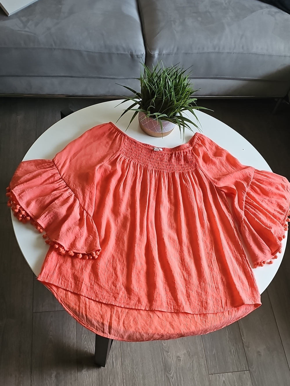 Coral Pom-Pom Off-Shoulder Peasant Top